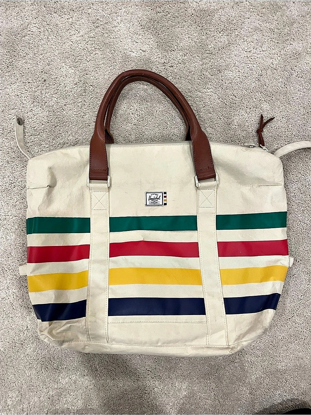 HBC The Bay x Herschel Rare Striped Canvas duffle bag in Cream & stripes